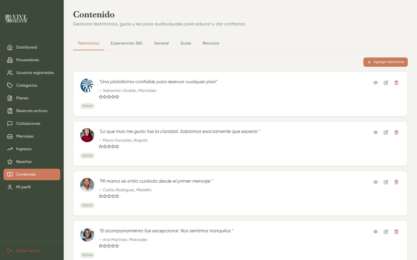 Pestaña de testimonios