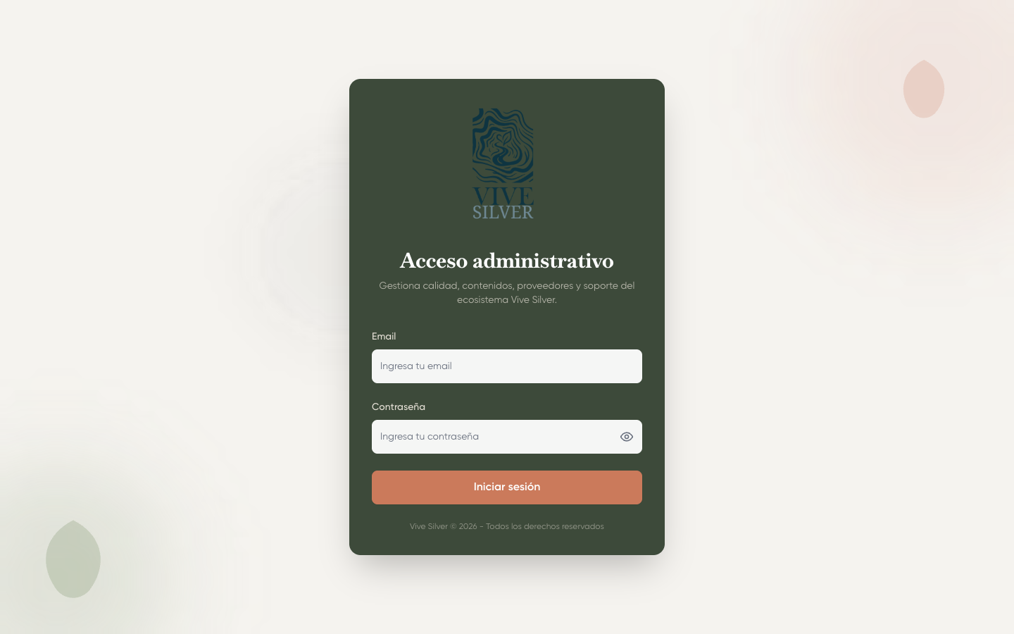 Pantalla de inicio de sesión del admin