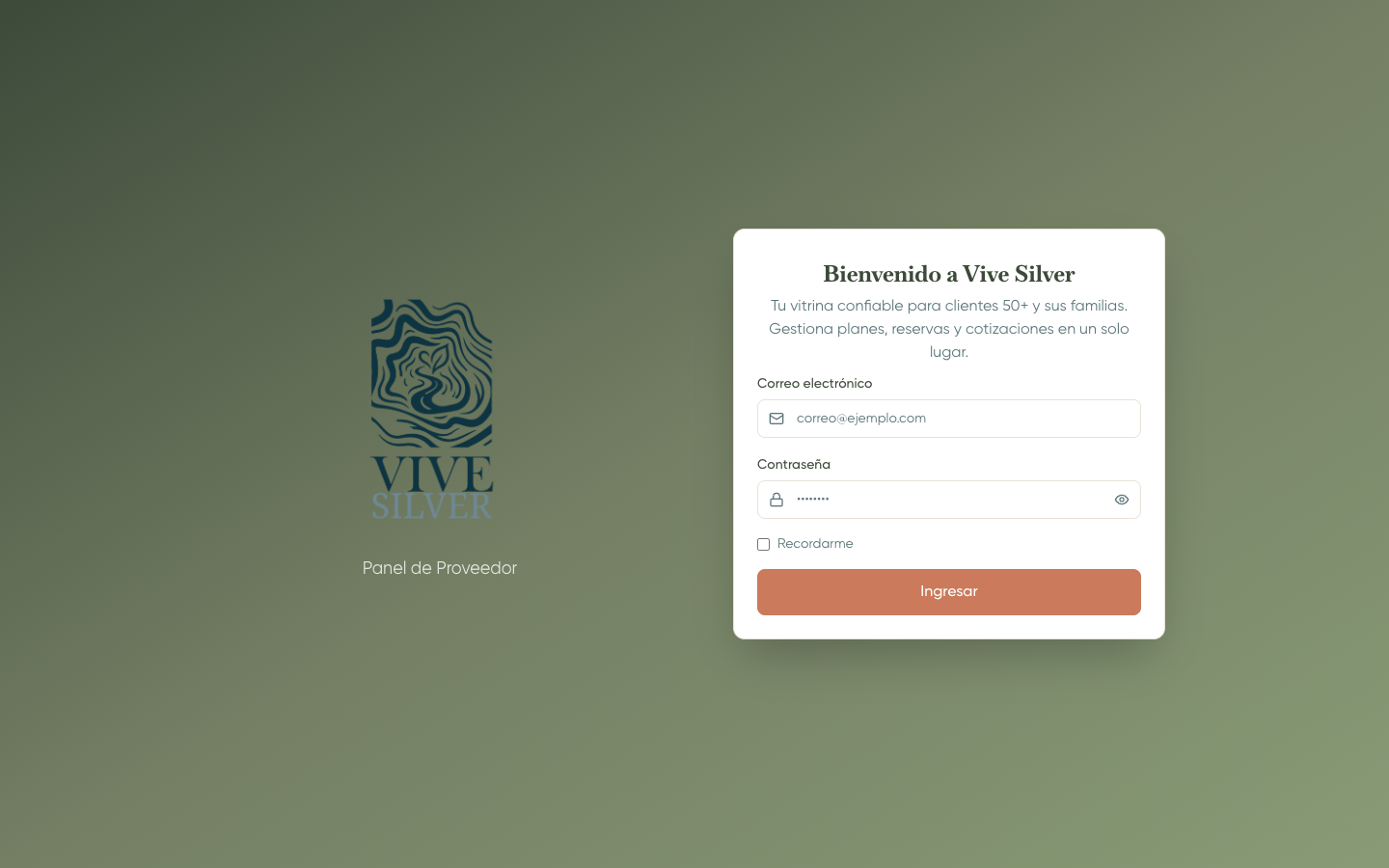 Pantalla de inicio de sesión del proveedor